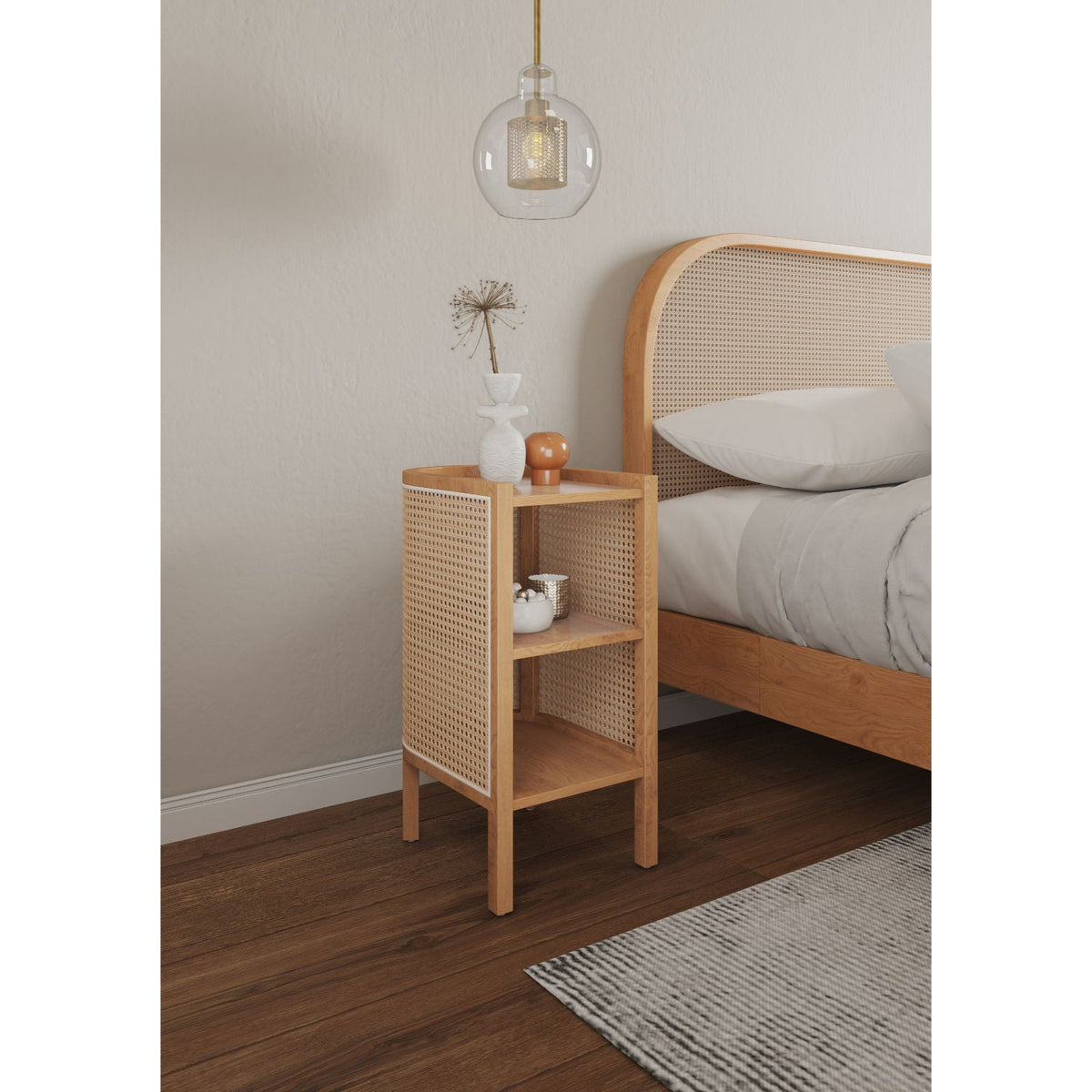 Modern Chic End Table with Two Shelves in light brown wood with cane panel sides by HouseOfZazla on Tampa Home & Garden Store