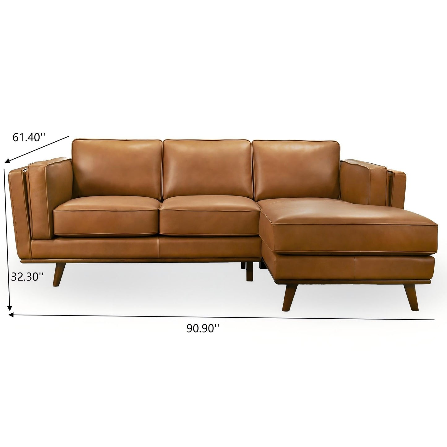 Chase sectional sofa in tan leather with chaise and angled wooden legs on Tampa Home & Garden Store