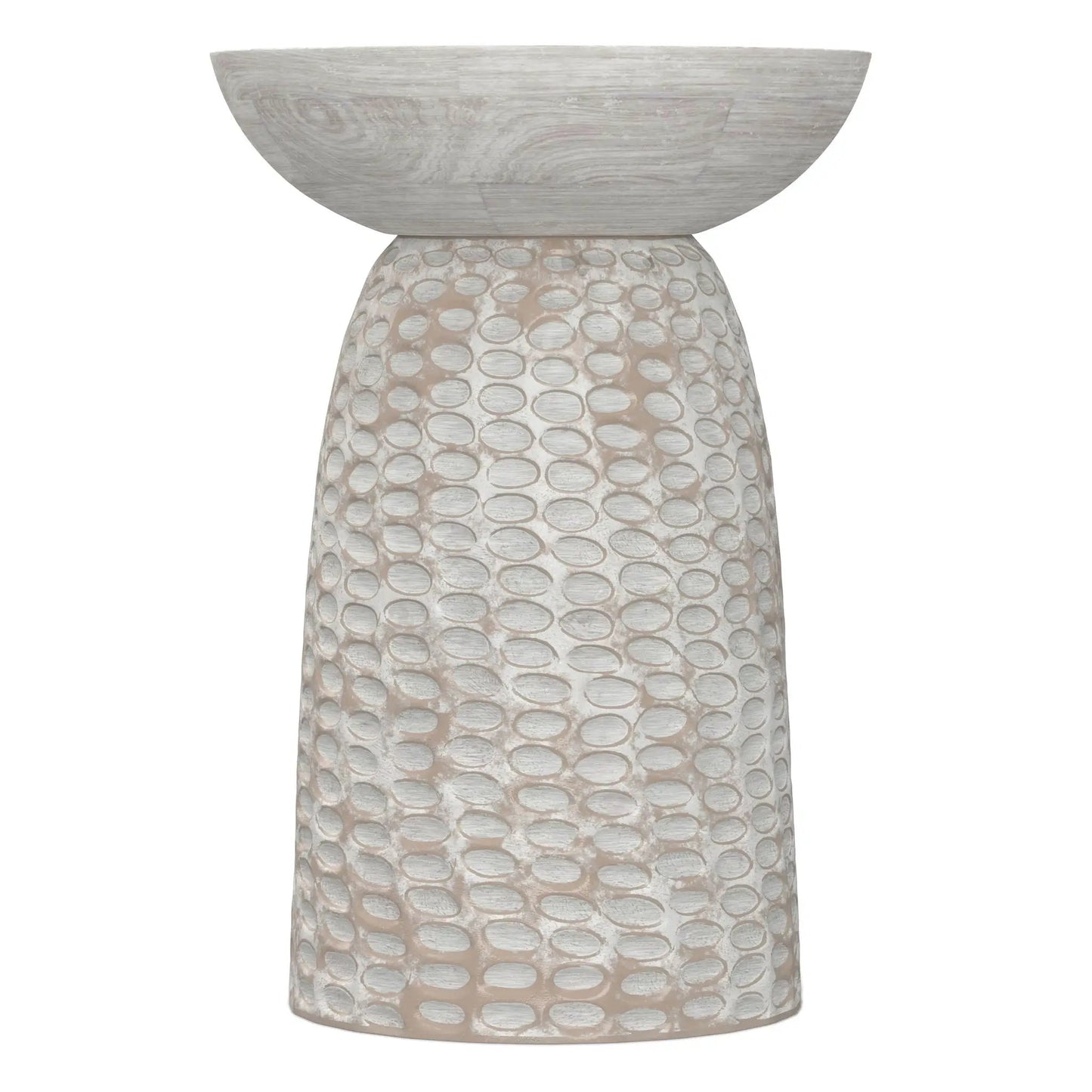 Boyd handcrafted accent table with a shallow gray bowl top and textured circular pedestal on Tampa Home & Garden Store