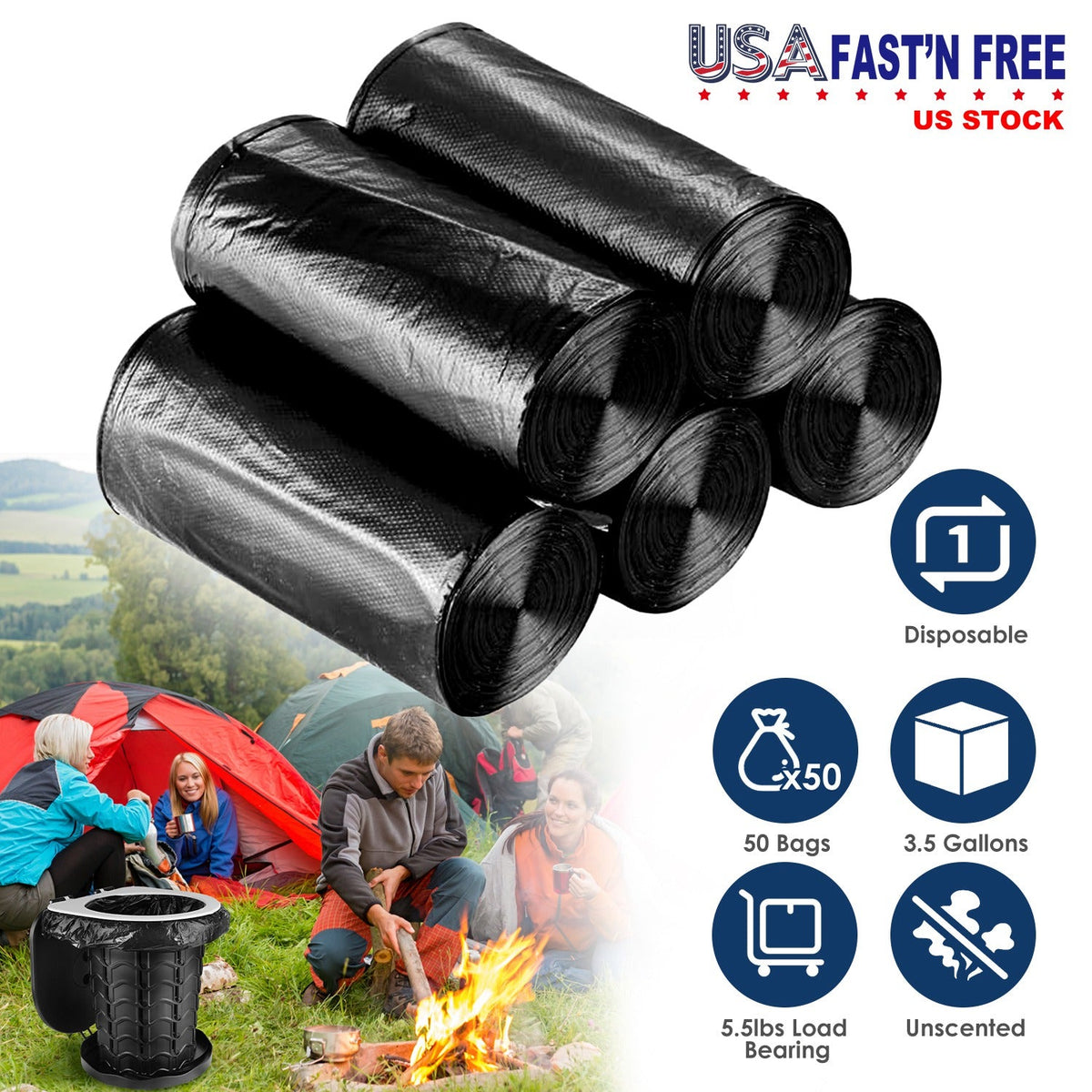 GemGear black trash bags, 5 rolls, 50 bags, unscented disposable liners for camping on Tampa Home & Garden Store
