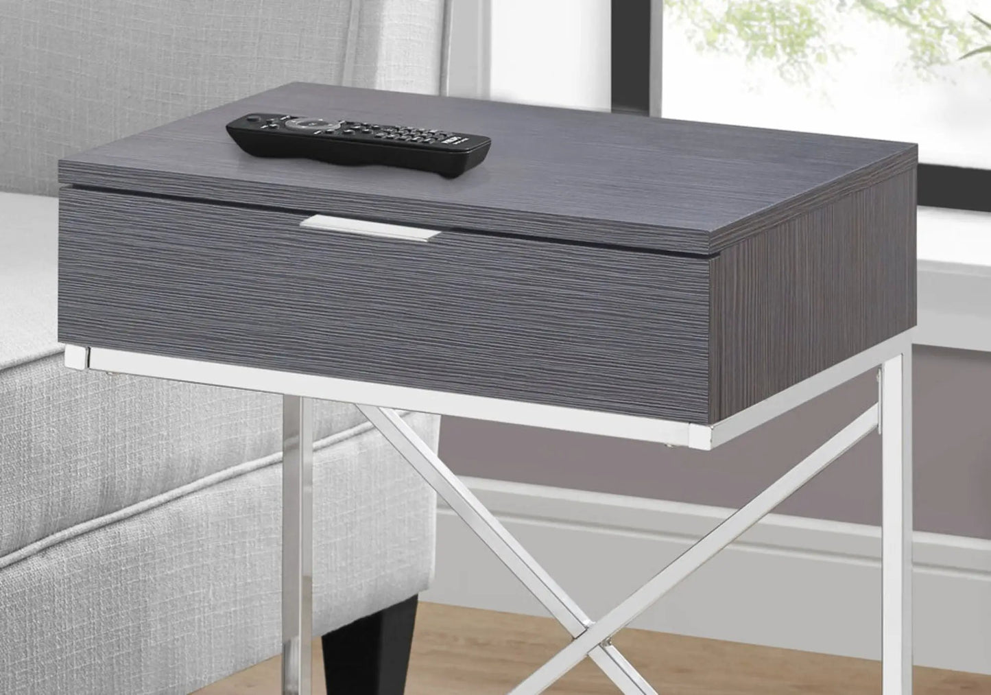 Accent Side Table with storage drawer and spacious dark gray wood grain tabletop on Tampa Home & Garden Store