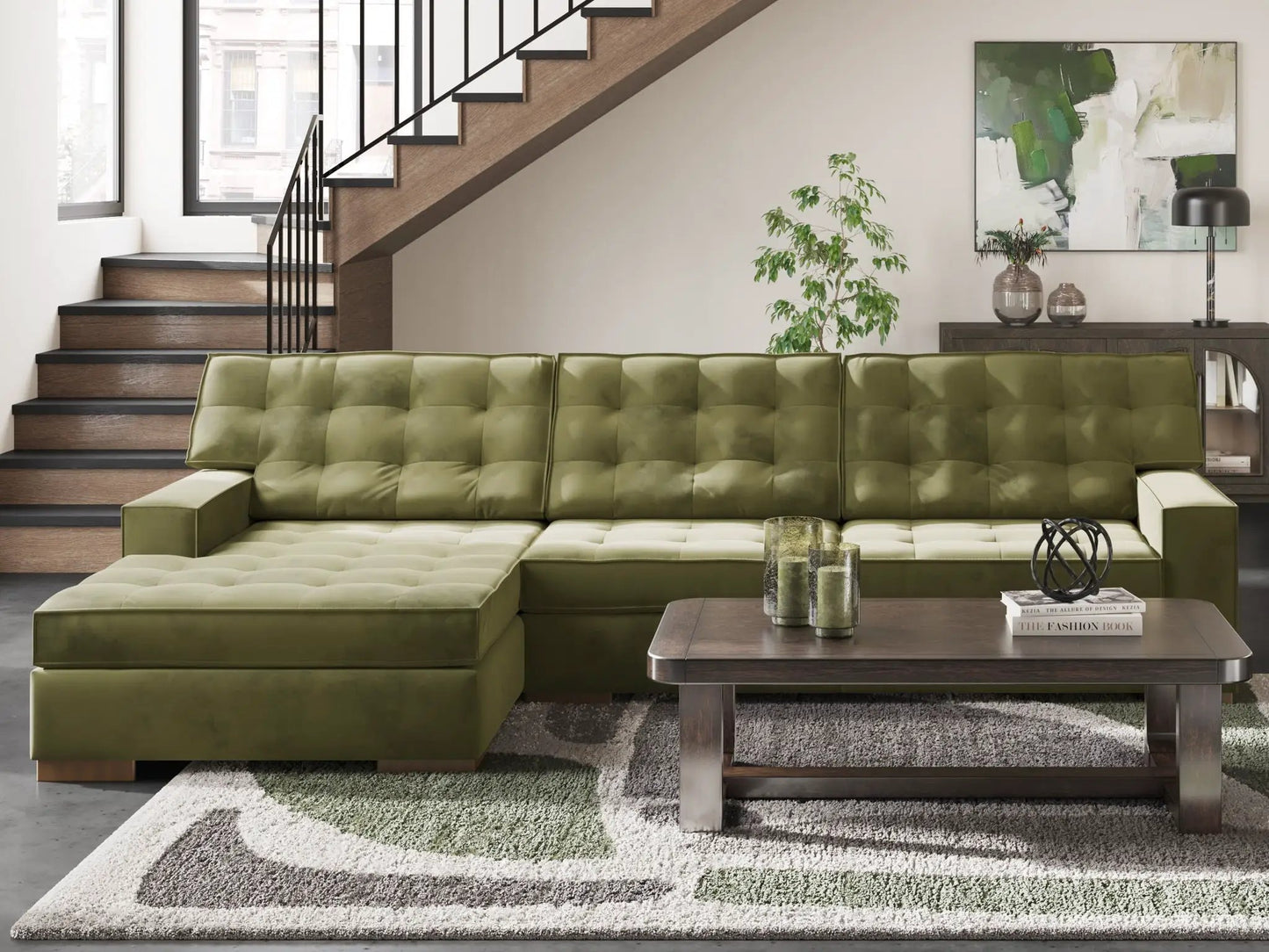 Caspian-Town sectional sofa in olive green tufted leather in a modern living room on Tampa Home & Garden Store