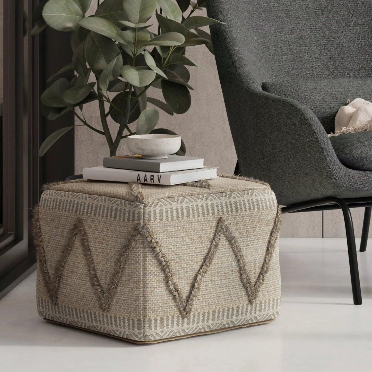 Sweeney Upholstered Square Pouf, beige woven fabric with rope tassels on Tampa Home & Garden Store