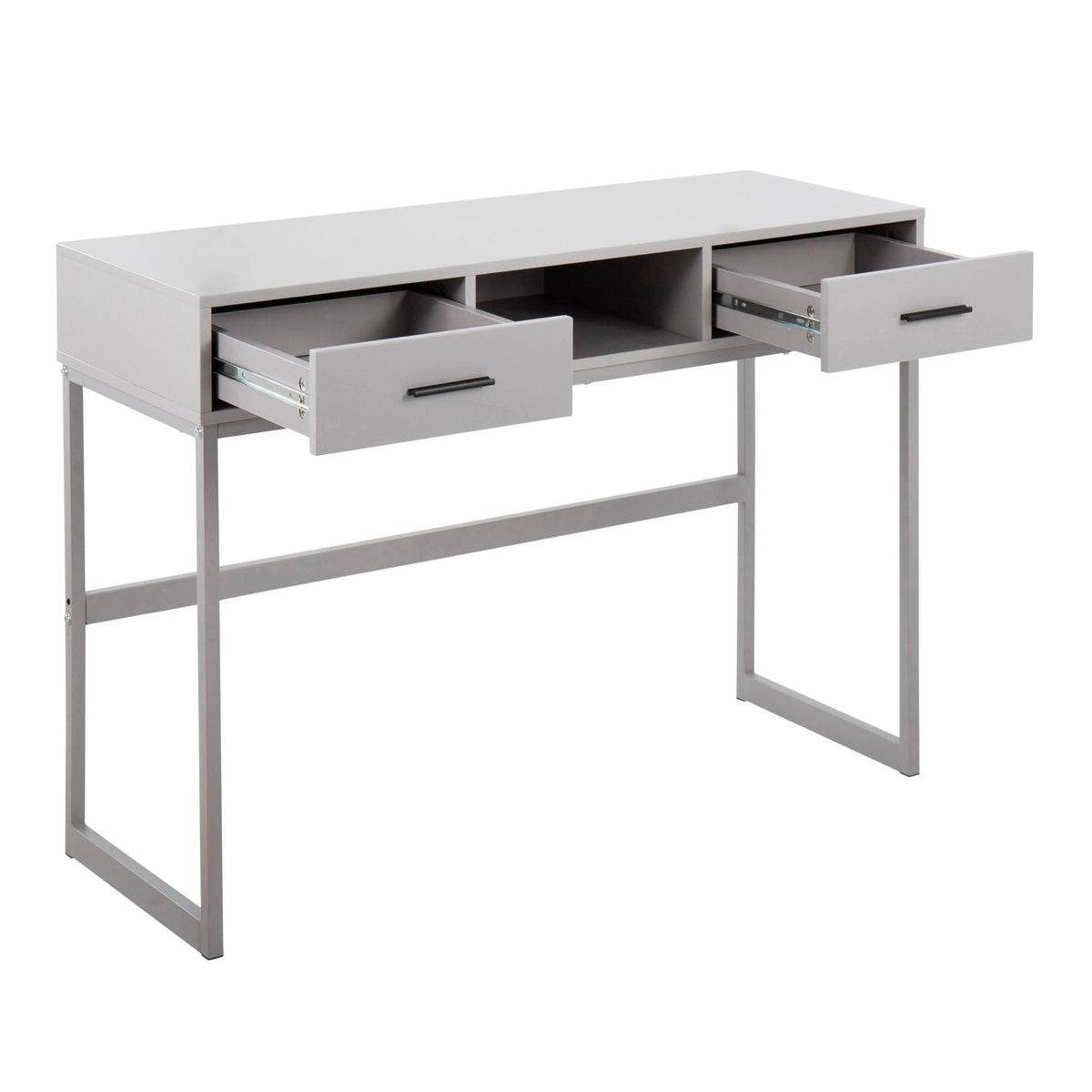 Contemporary console table with two storage drawers in light gray finish and open shelf on Tampa Home & Garden Store