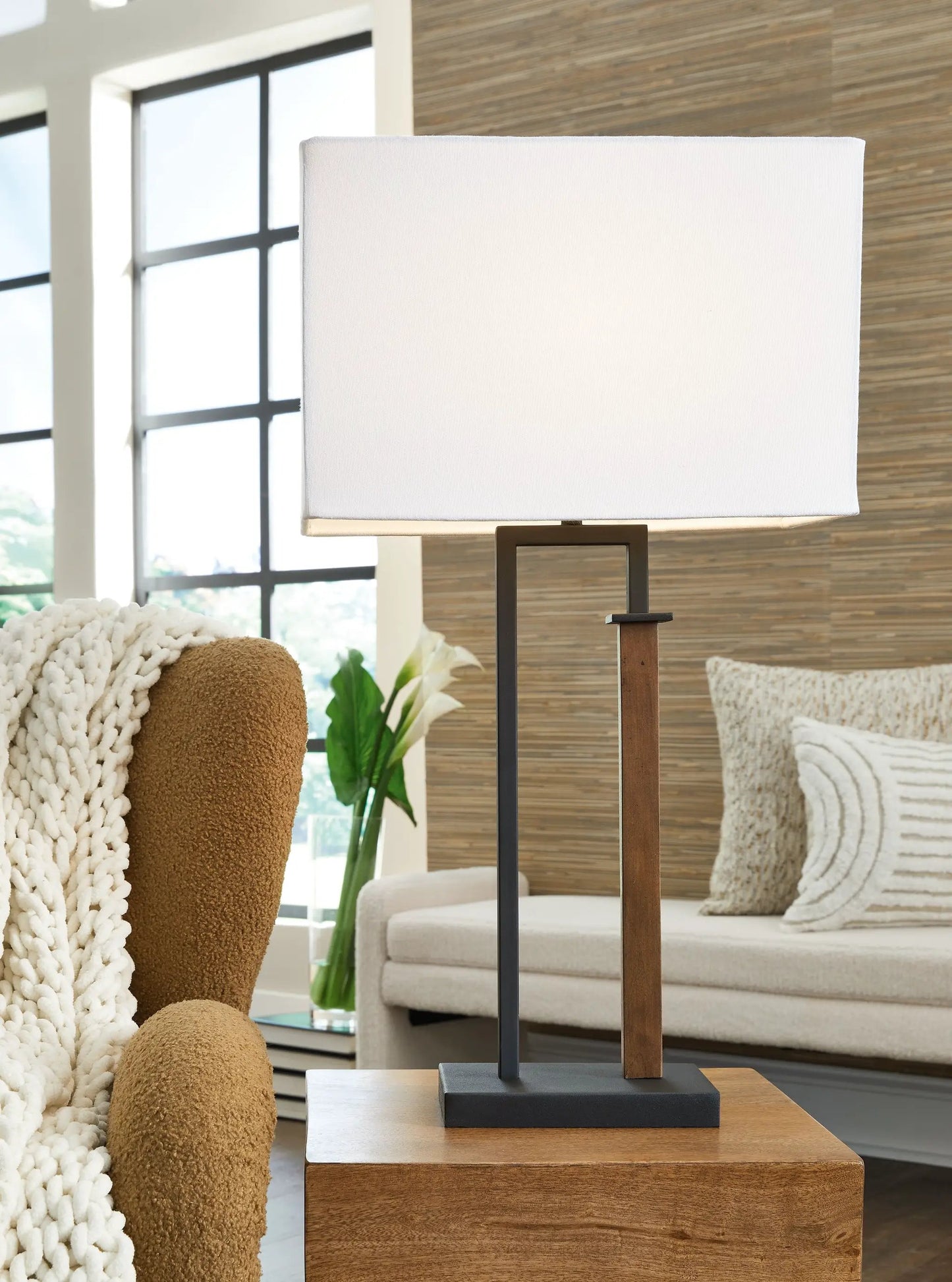 Voslen metal table lamp black brown finish with white rectangular shade on Tampa Home & Garden Store