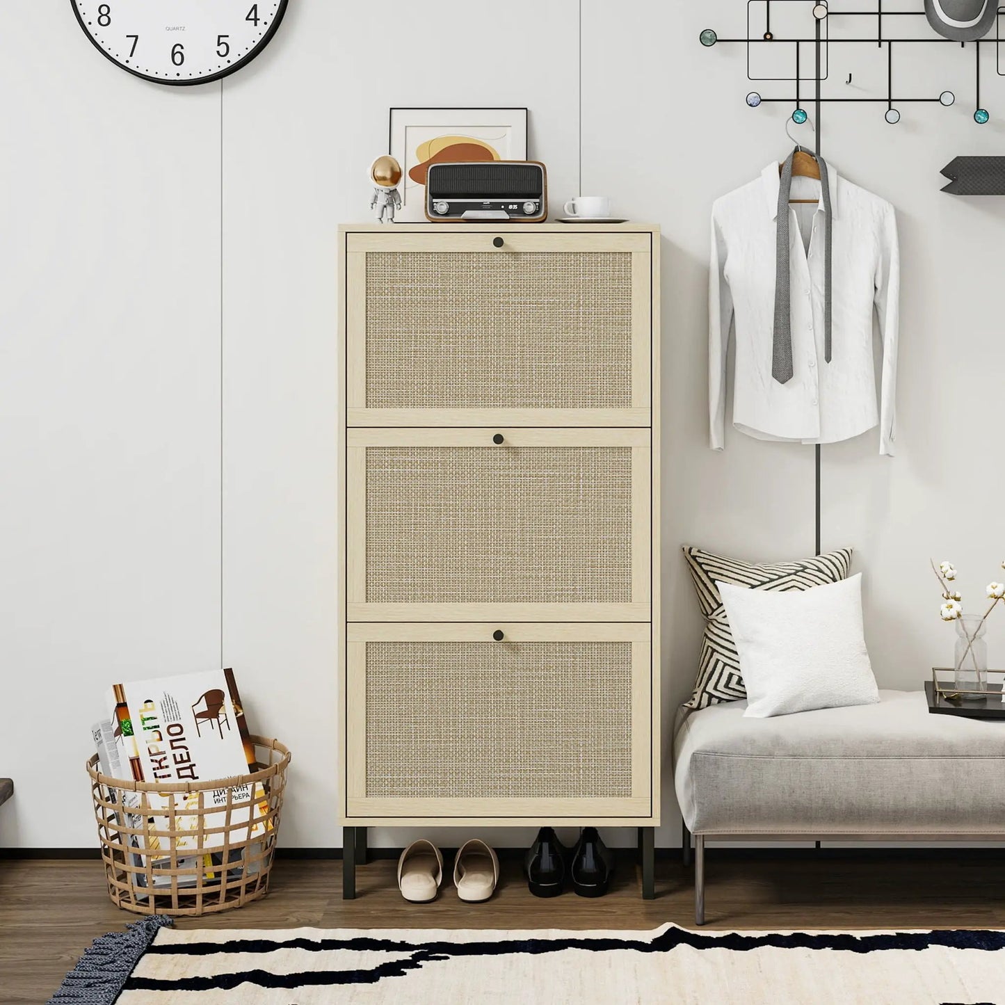 Rattan 3 Door Shoe Rack Cabinet for Entryway