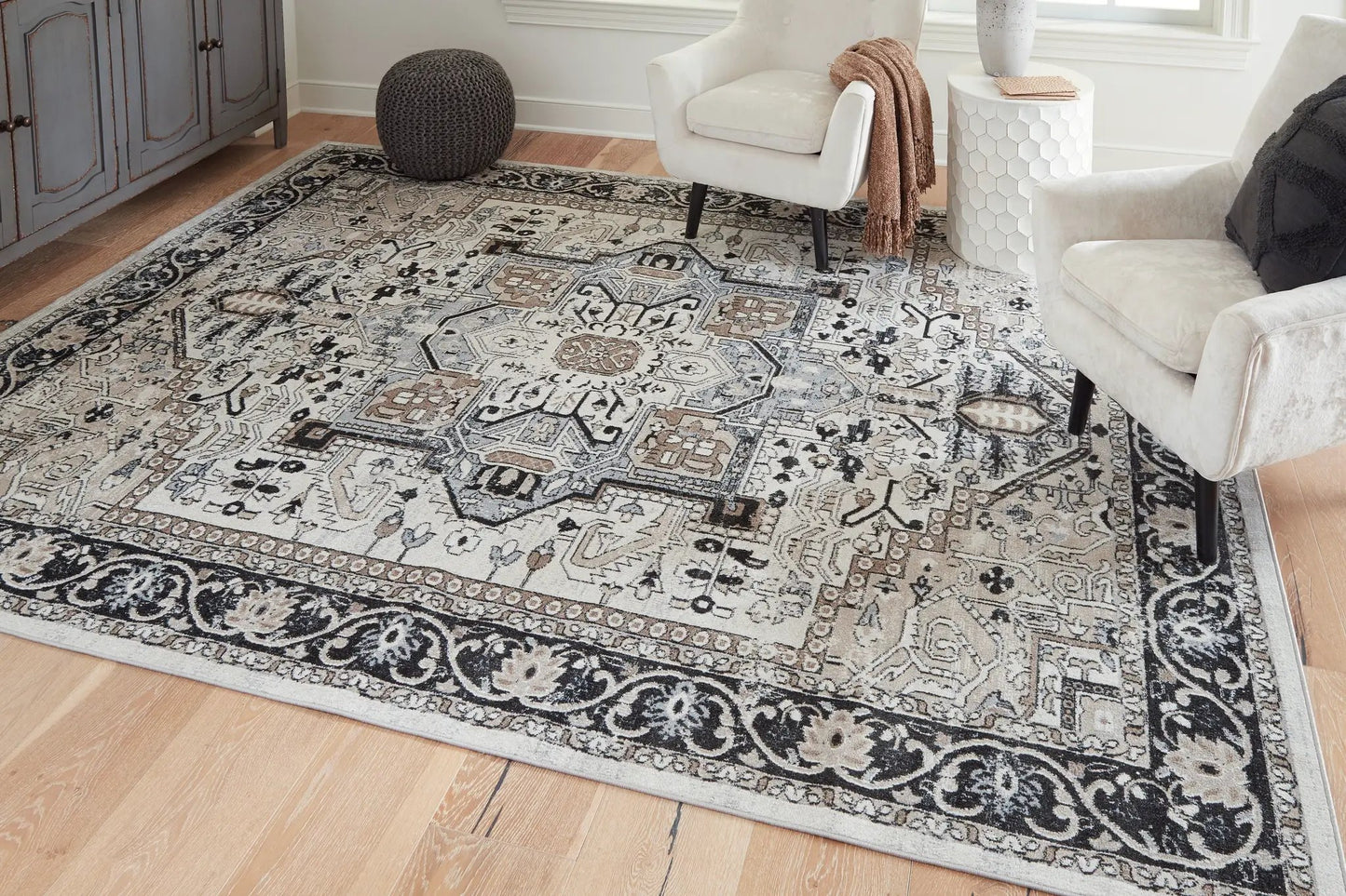 Gregmoore area rug washable with neutral beige, black oriental pattern on Tampa Home & Garden Store