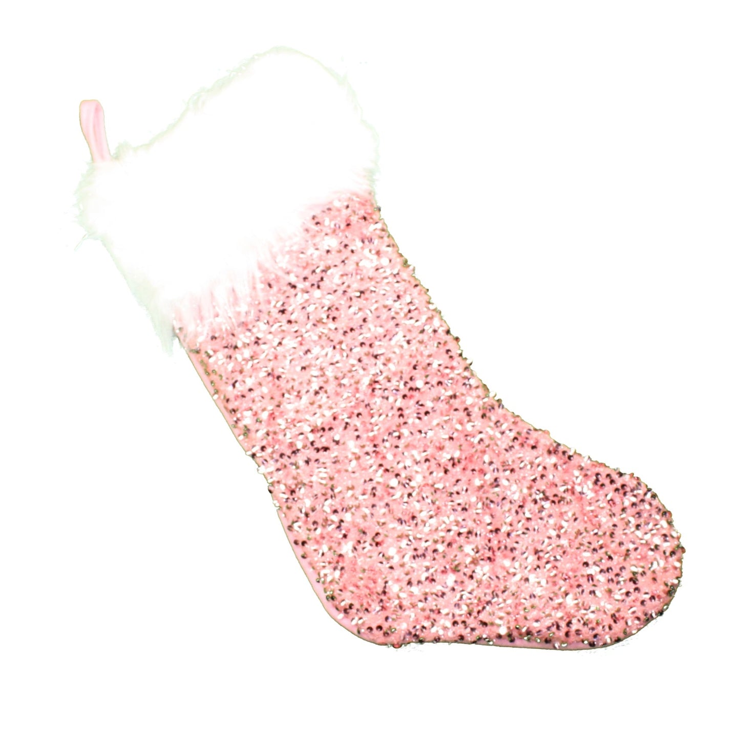 Sequined Stocking with Furry Pink Cuff, pink sequins, 18 inches, The Country Christmas Loft on Tampa Home & Garden Store