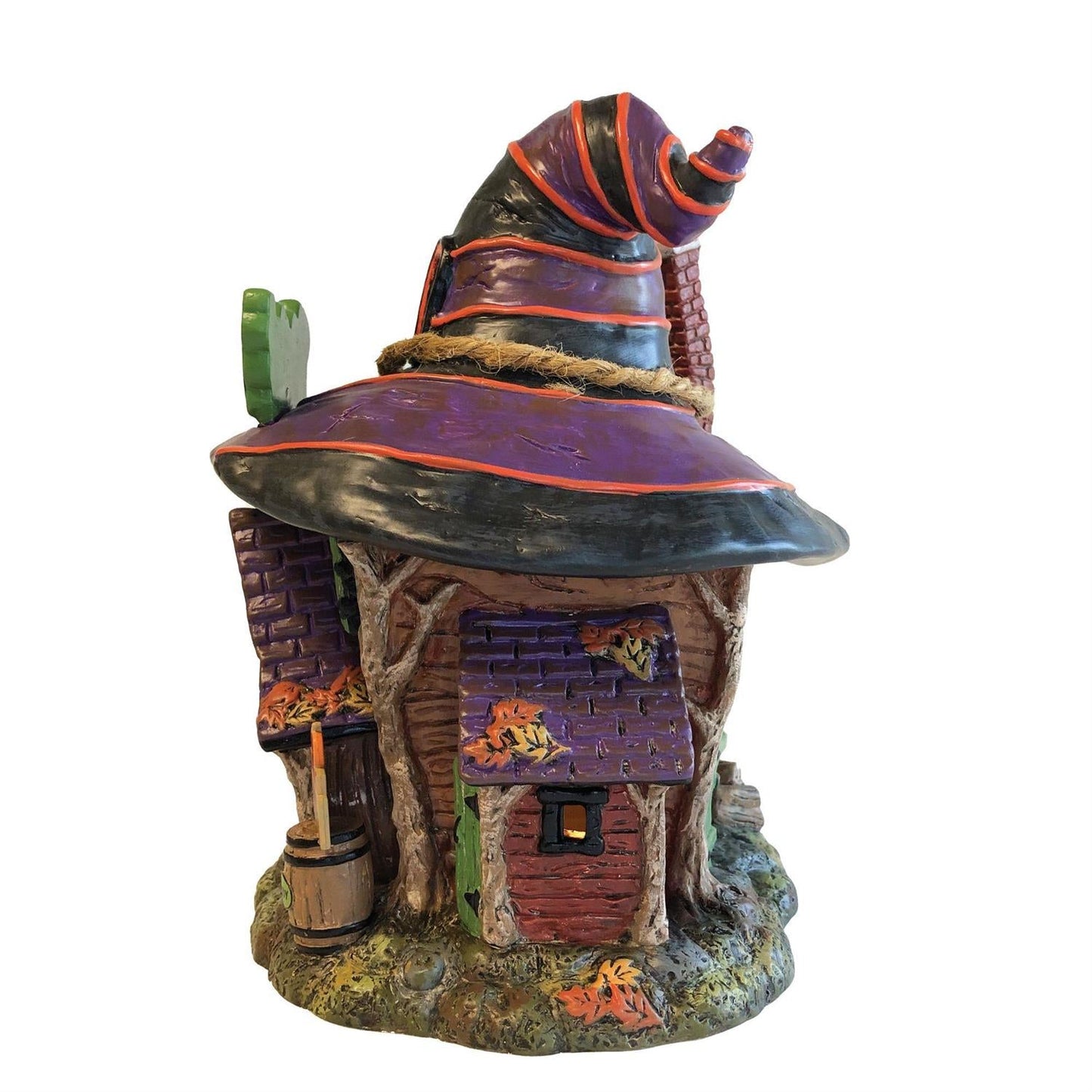 Trixies Tricks and Treats Lighted Witch Hollow sculpture with purple hat and orange trim on Tampa Home & Garden Store