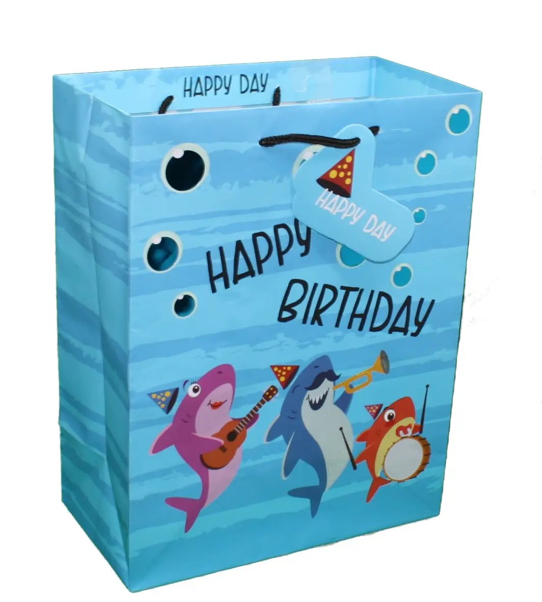 Birthday gift bag with blue ocean sharks band playing guitar, trumpet and drums; attached tag on Tampa Home & Garden Store