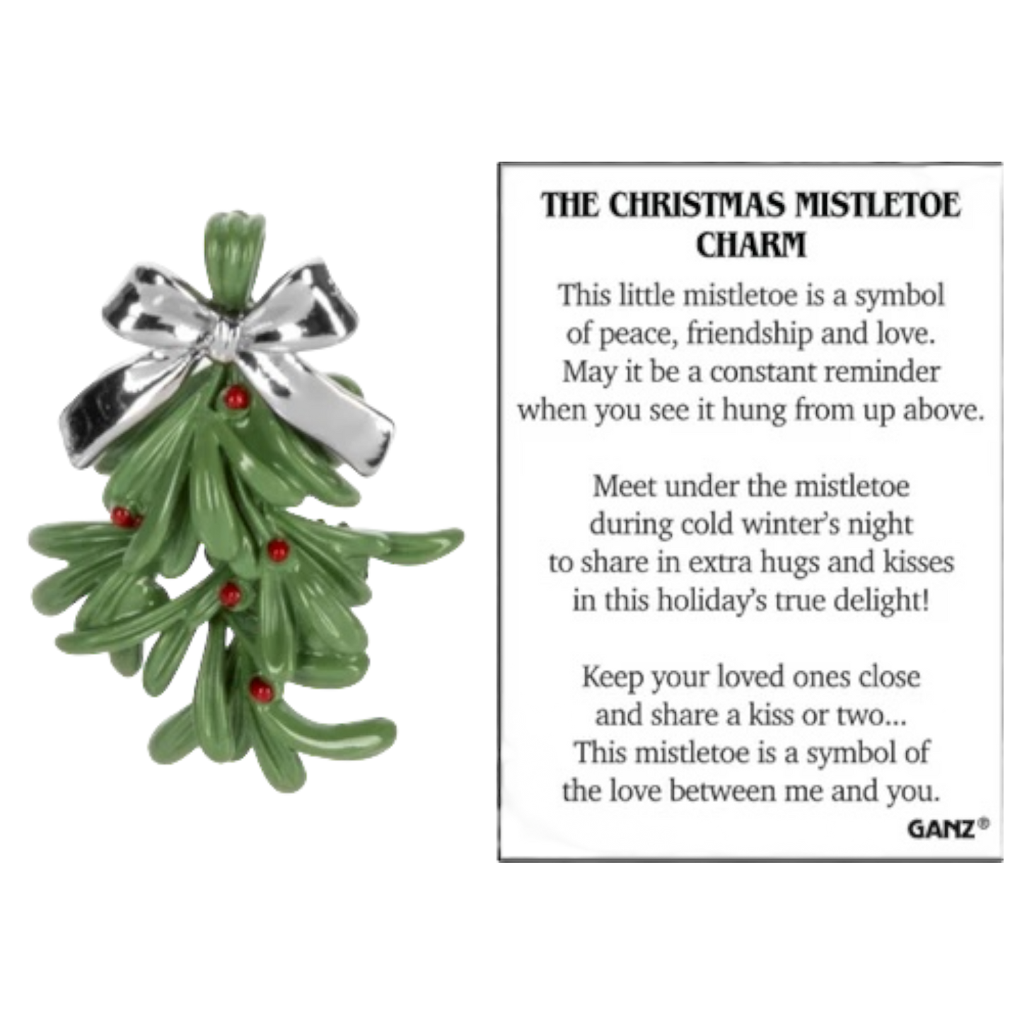 Merry Mistletoe Charm zinc and epoxy, green Christmas tree charm with silver bow and red beads on Tampa Home & Garden Store