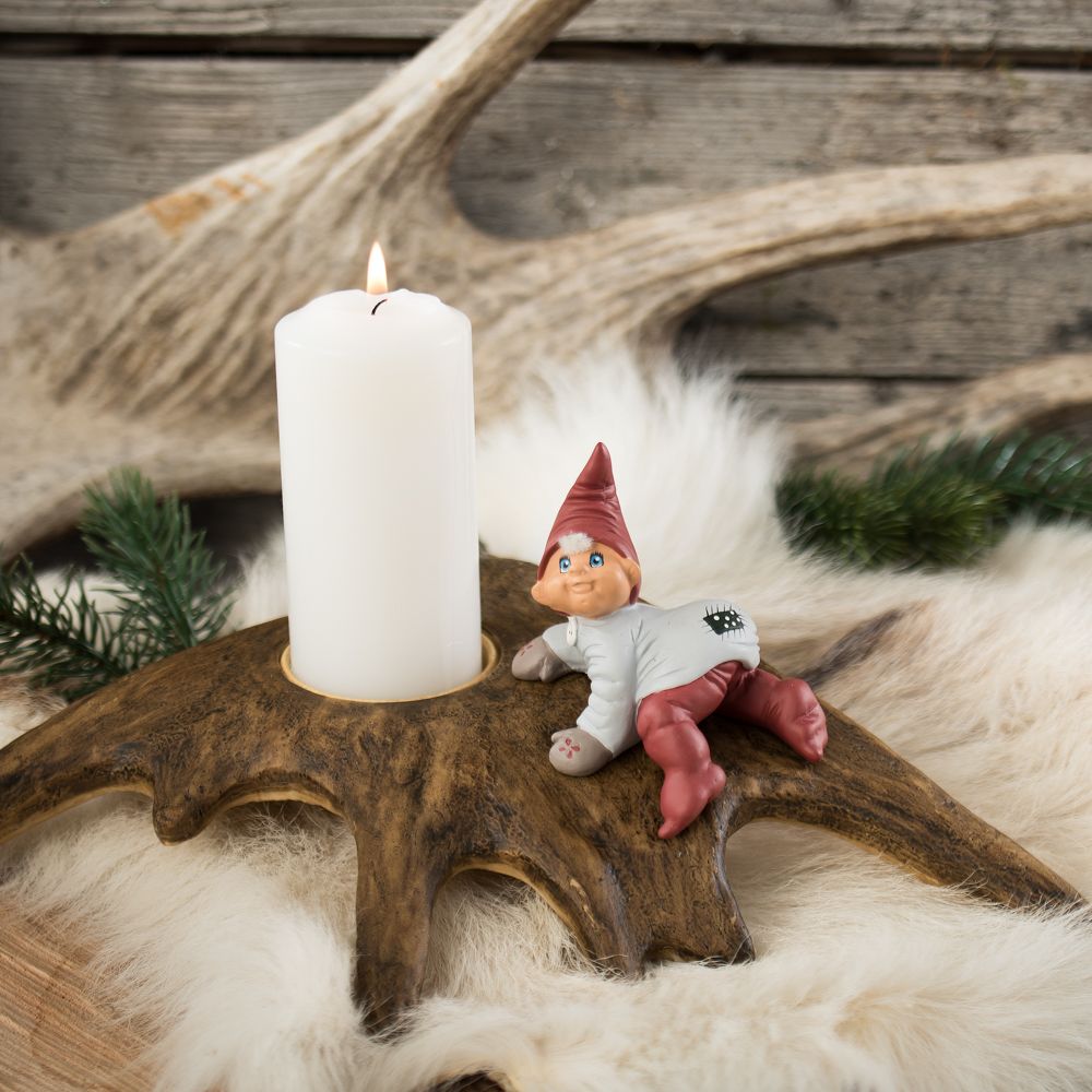 Elliot Advent Candle Holder with Klarborg elf and white candle on rustic base on Tampa Home & Garden Store