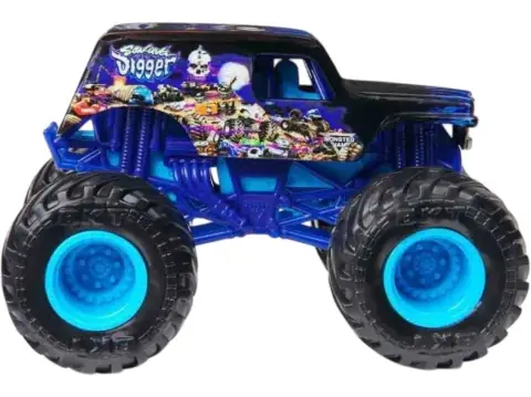 Son-Uva Digger 1:64 Monster Jam truck blue body with cyan wheels and side decal graphics on Tampa Home & Garden Store