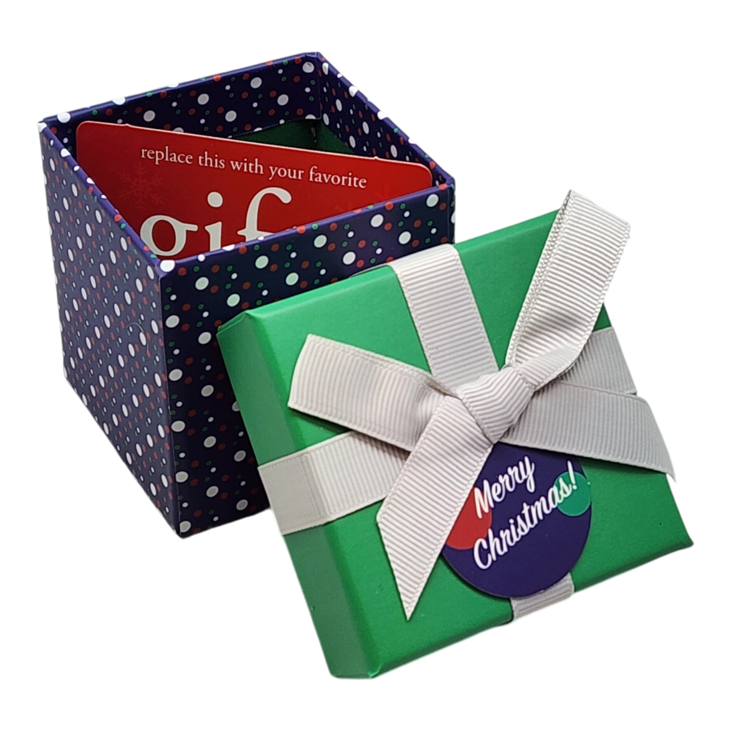 Gift Box Cube 3 Inch Dots navy dotted cube and green gift box with white ribbon 2 boxes on Tampa Home & Garden Store