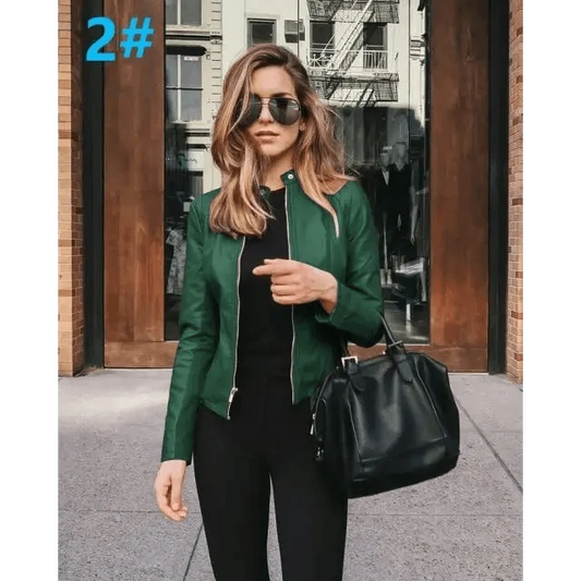 Stevvex women's green PU leather jacket with zip-front detail on Tampa Home & Garden Store