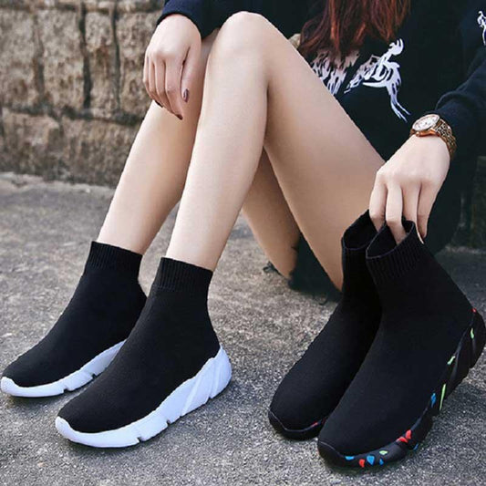 Stevvex black sock sneakers, slip-on knit upper with breathable mesh and two outsole styles on Tampa Home & Garden Store