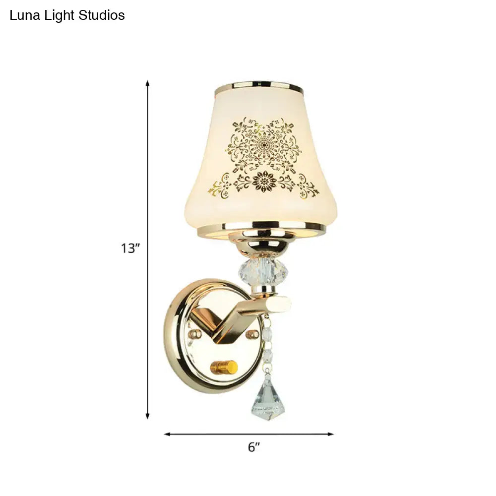 Gold crystal tapered glass wall light sconce with beige shade Decorbites on Tampa Home & Garden Store