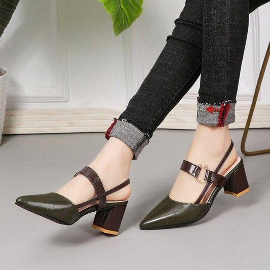Stevvex slingback sandals with olive pointed toe, brown strap, and chunky block heel on Tampa Home & Garden Store