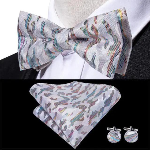 Stevvex silk butterfly bow tie set with pocket square and cufflinks in white pastel pattern on Tampa Home & Garden Store