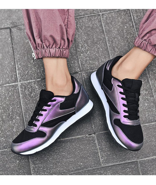 Stevvex lace-up sneakers pair, black mesh with purple metallic panels, white sole on Tampa Home & Garden Store