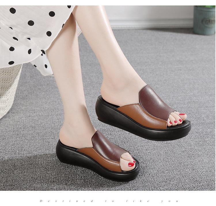 Elegant Woman Platform Slippers Stevvex two-tone brown genuine leather wedge sandals on Tampa Home & Garden Store