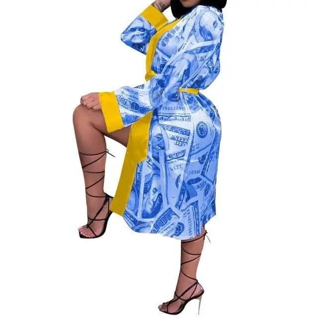 Elegant Women Indoor Robes blue money-print long robe with yellow trim by Stevvex on Tampa Home & Garden Store