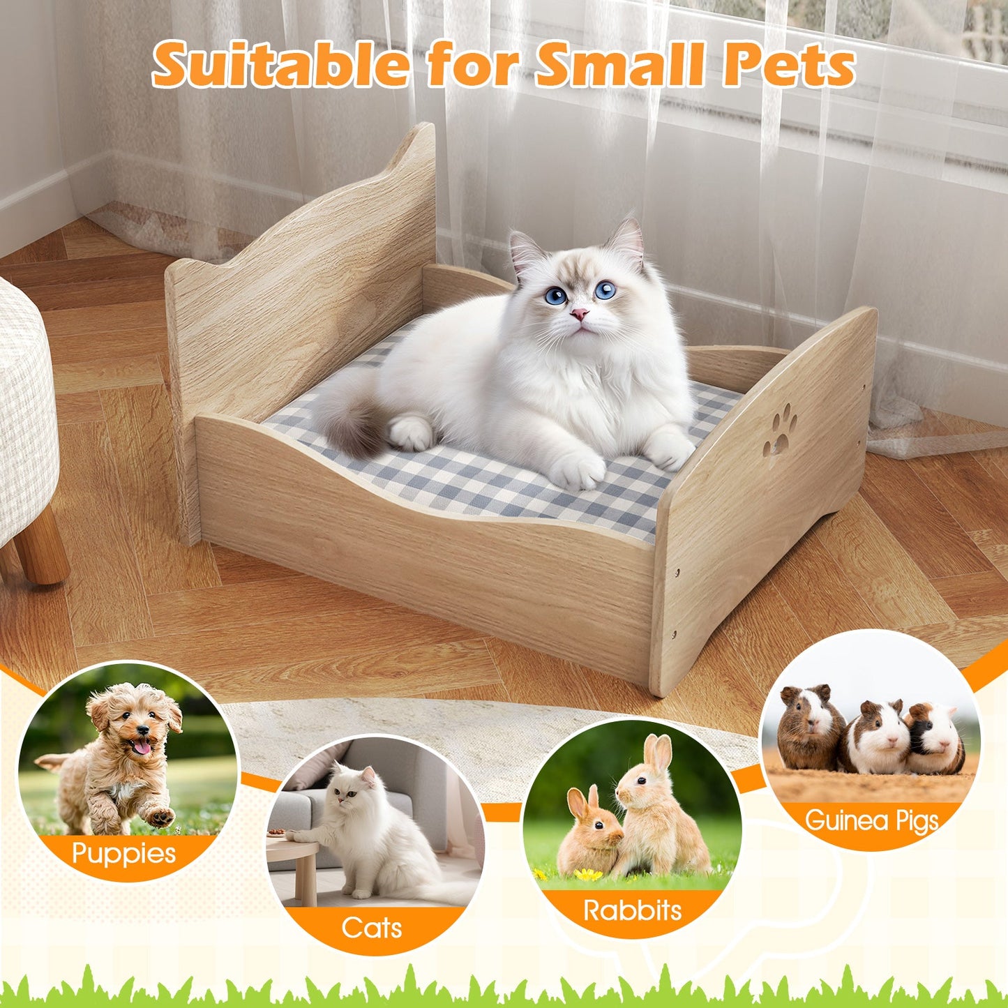 Elevated pet bed frame with rails in walnut wood, blue plaid cushion, cat lounging on it on Tampa Home & Garden Store