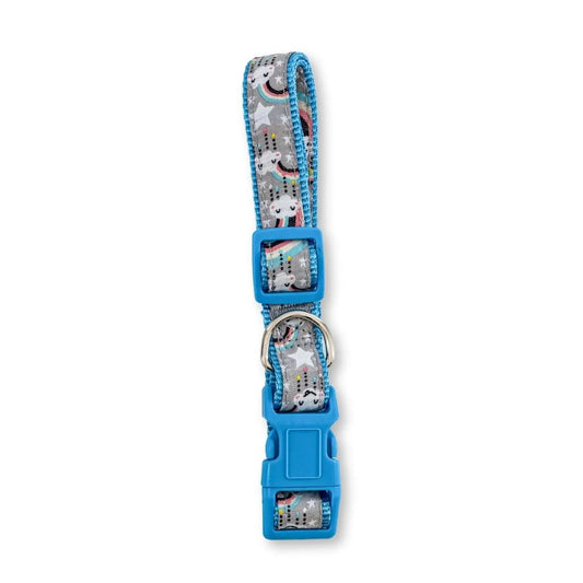 Nylon dog collar with rainbow embroidery, blue buckle, adjustable strap on Tampa Home & Garden Store