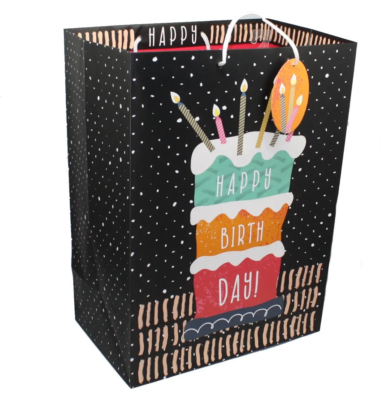 Heavy Weight Mega Jumbo Birthday Cake Gift Bag black dotted bag with cake graphic on Tampa Home & Garden Store