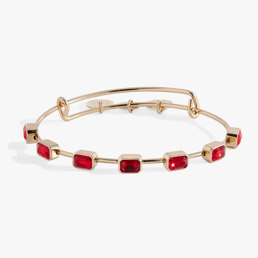 Bracelet: ALEX AND ANI July Birthstone Emerald Cut Bangle in rose gold with red stones on Tampa Home & Garden Store