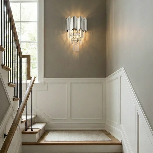 Art Deco Crystal Wall Sconce gold chrome finish with crystal prisms, wall-mounted light fixture on Tampa Home & Garden Store
