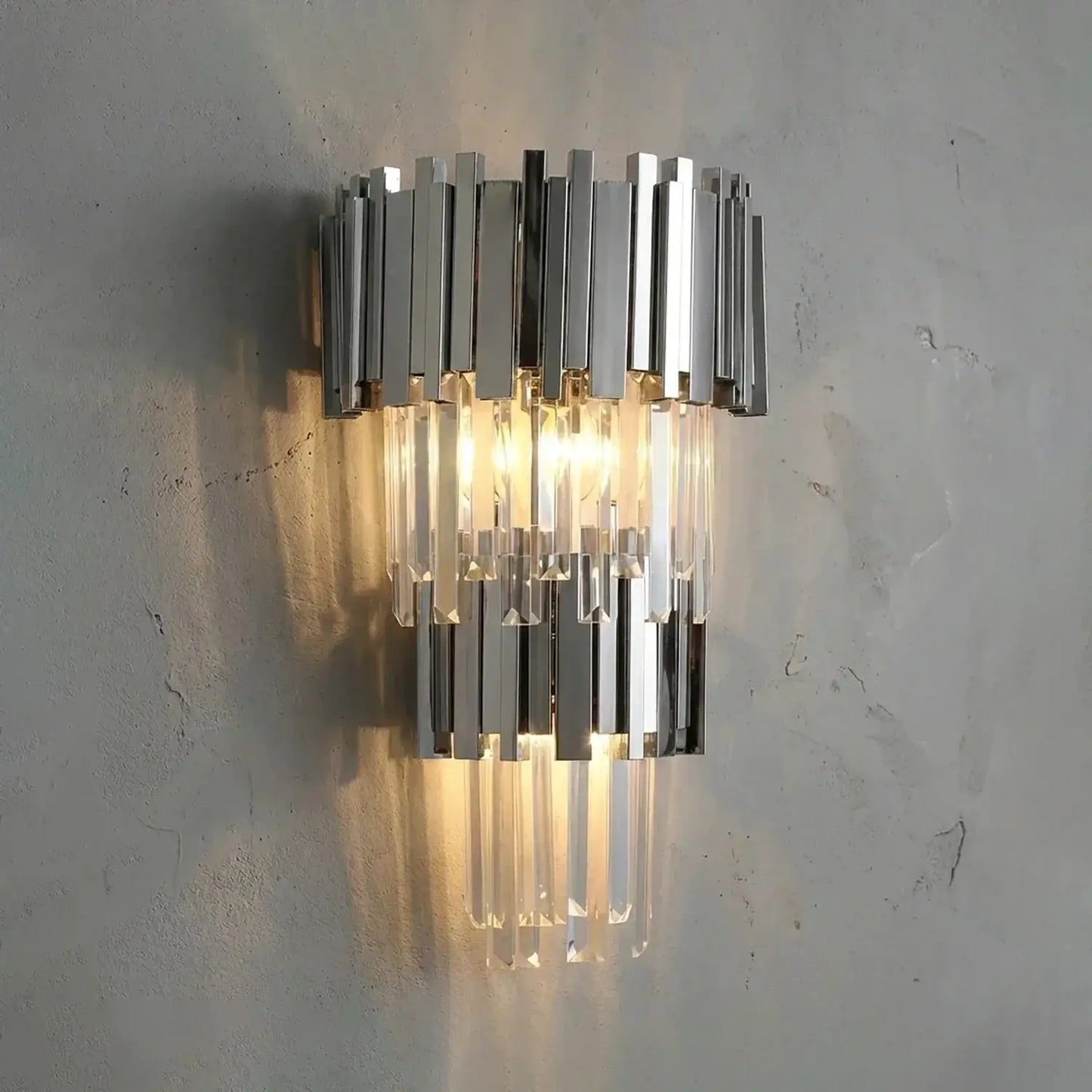 Art Deco crystal wall sconce chrome with vertical prisms and hanging crystal drops on Tampa Home & Garden Store