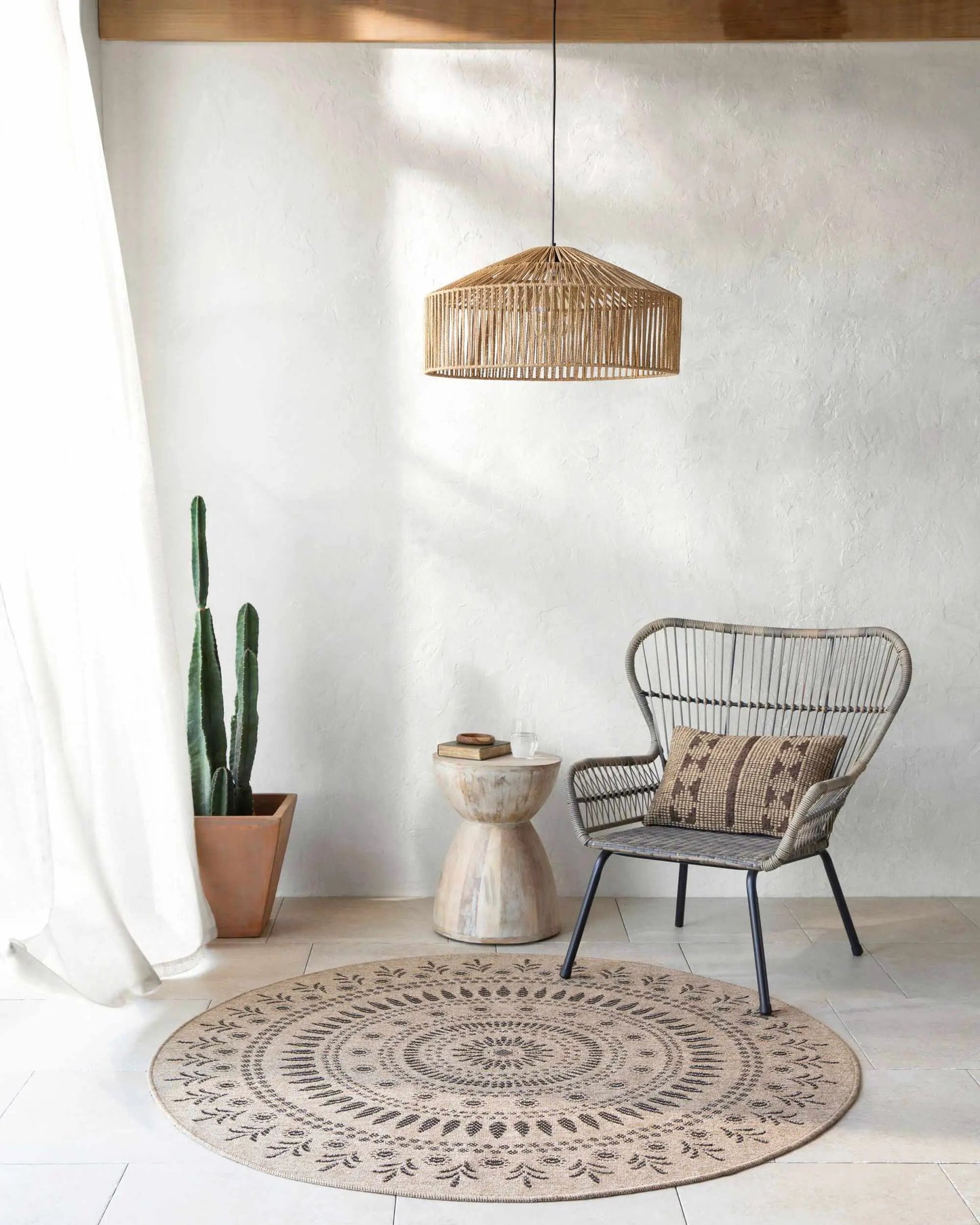 Beata Round Faux Jute Outdoor Rug natural beige woven circular design on Tampa Home & Garden Store
