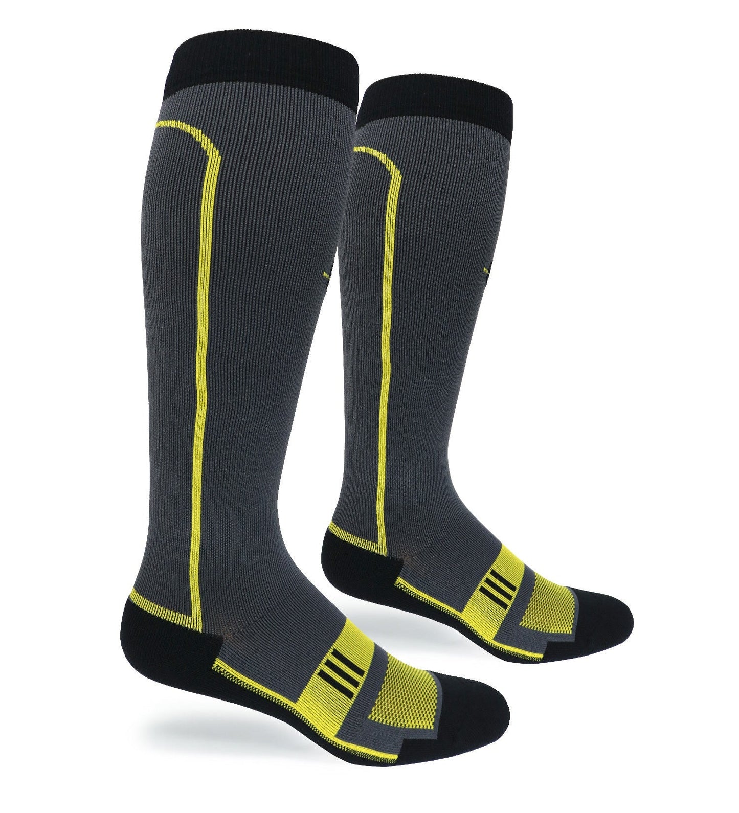 Endurance graduated compression sock pair in dark gray with yellow accents and black toes on Tampa Home & Garden Store