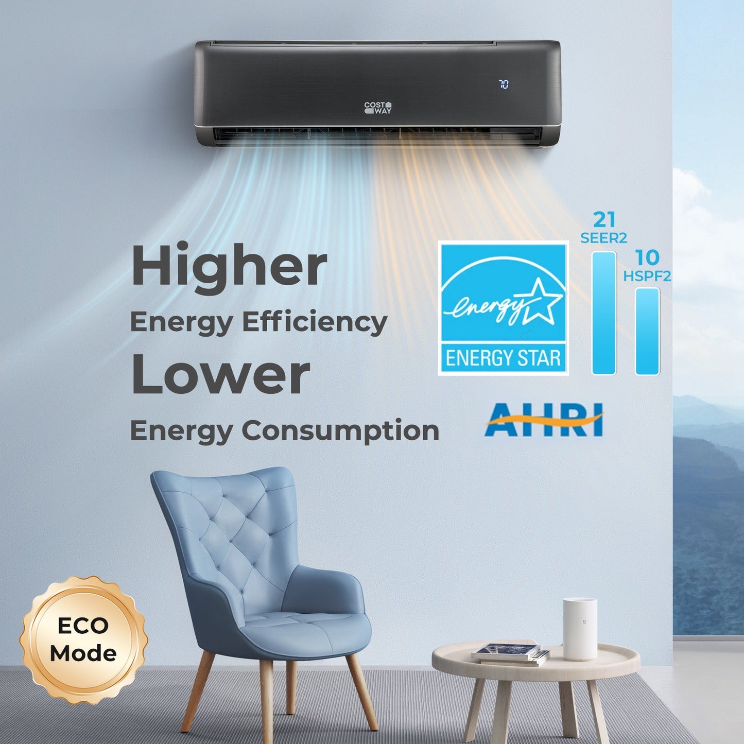 Aire Acondicionado y Calentador Mini Split de 24000 BTU, 21 SEER2, 208-230V, con Certificación Energy Star, Habilitado para Wifi, Color Gris