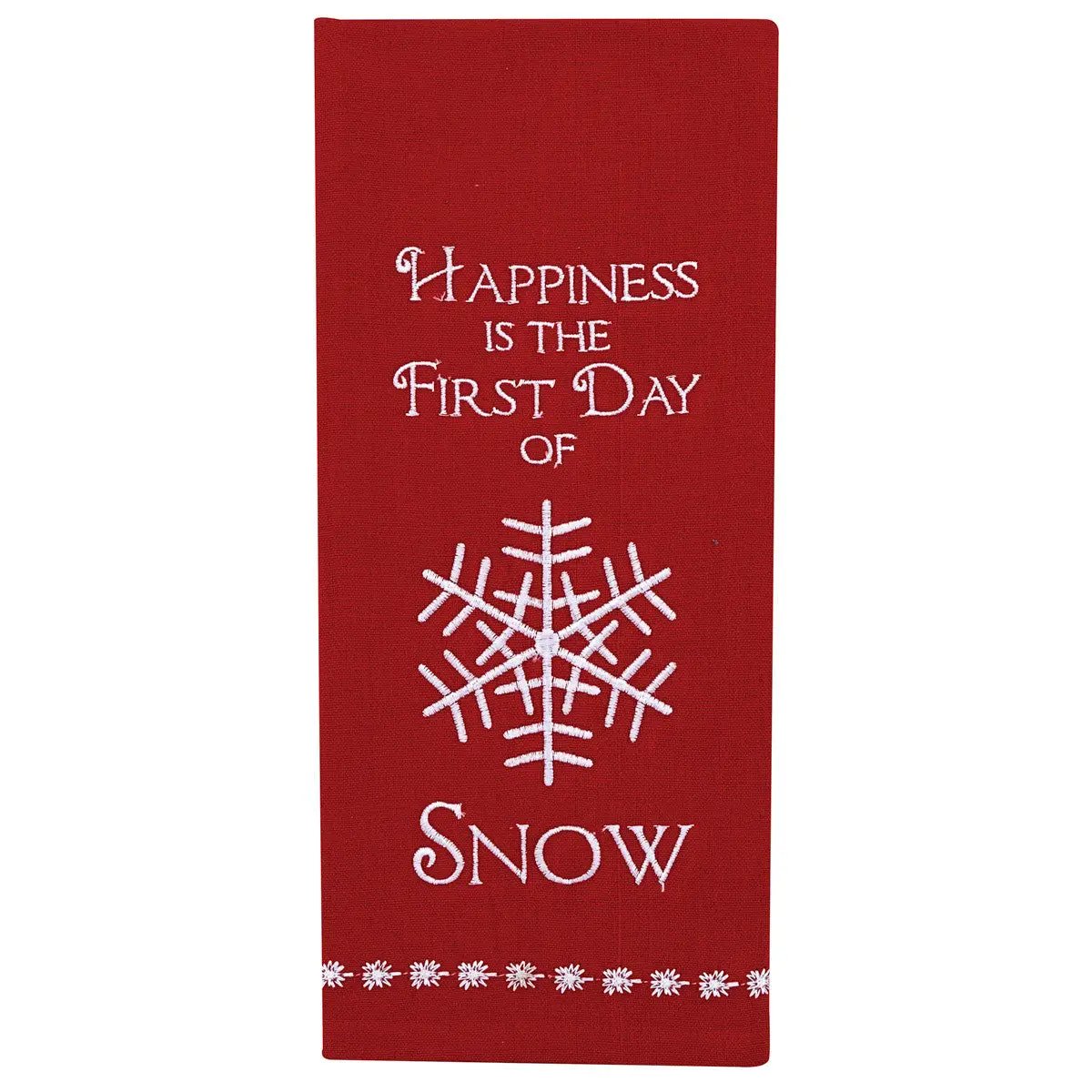 Joyful First Day of Snow dish towel in red with white snowflake and border accents on Tampa Home & Garden Store