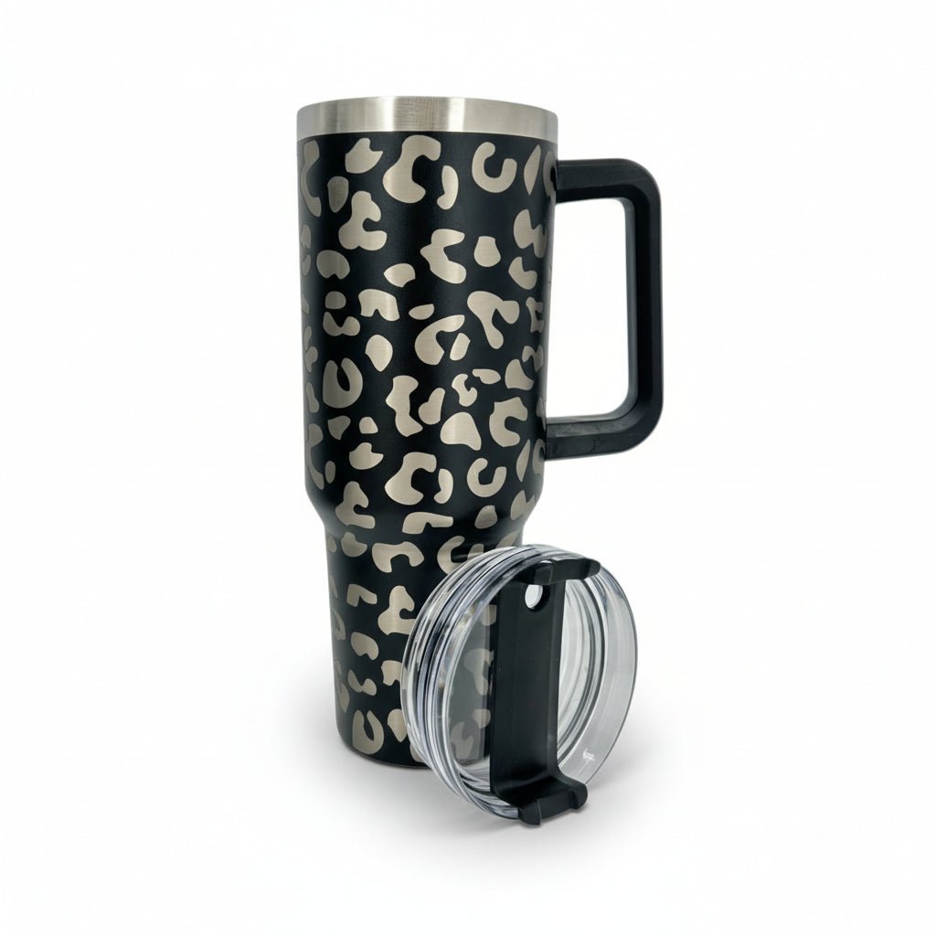 Shaketea 40 oz leopard print stainless steel insulated tumbler with handle and straw lid on Tampa Home & Garden Store