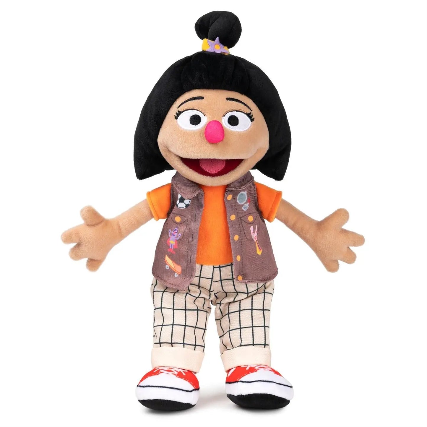 Sesame Street Ji-Young plush doll, 13 inches, orange shirt with brown vest and pants on Tampa Home & Garden Store