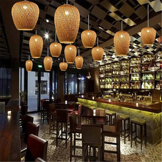 Three Heads Bamboo Ceiling Light pendant chandelier, warm amber woven bamboo by Decorbites on Tampa Home & Garden Store