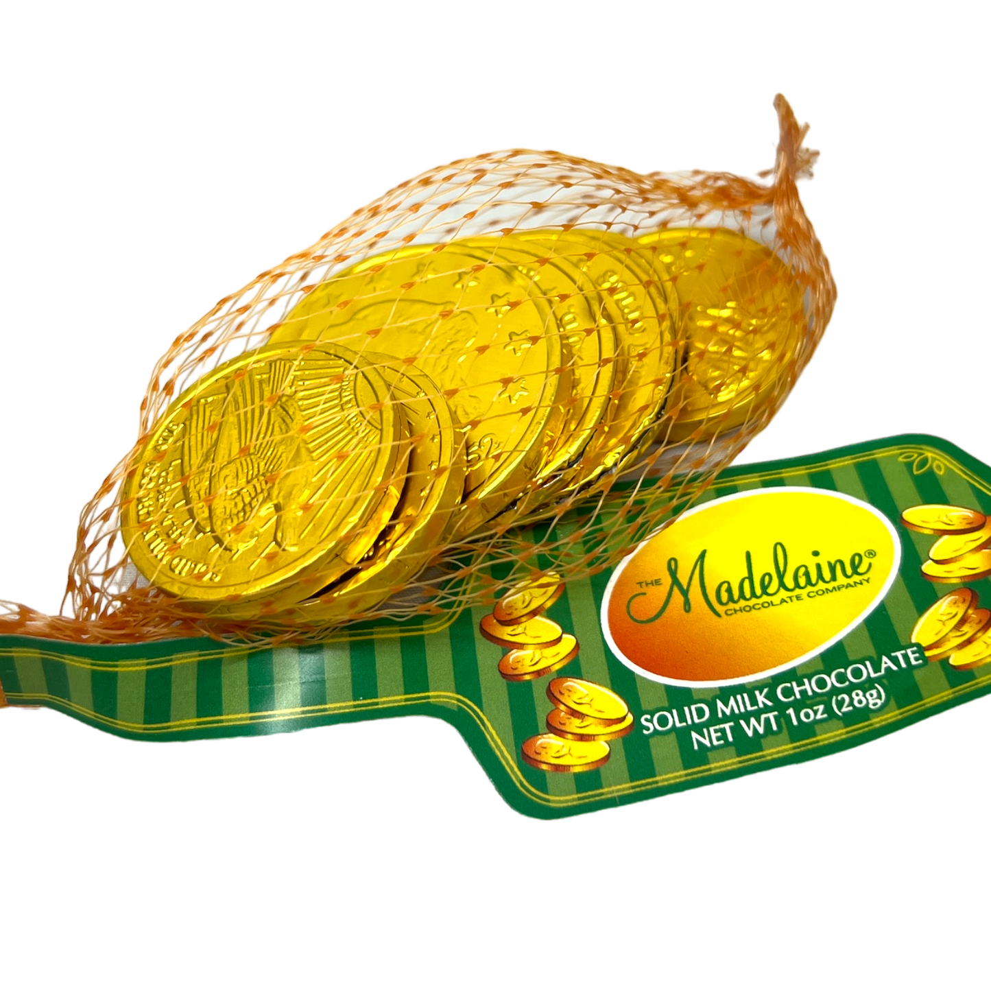 Milk chocolate gold coins in a mesh bag with The Madelaine Chocolate Company branding on a green label on Tampa Home & Garden Store