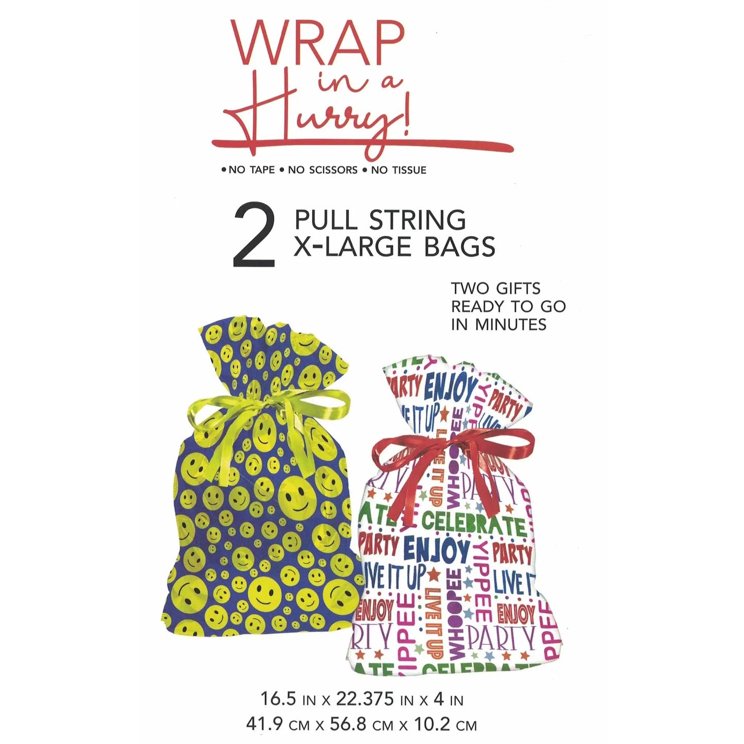 Extra large pull-string gift bags set of 2 with blue smiley print and white text pattern on Tampa Home & Garden Store
