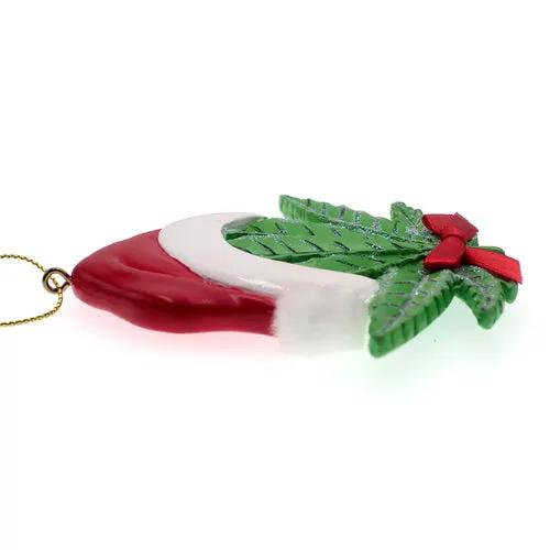 Cannabis Leaf Santa Hat Ornament red hat with white trim on a leaf Country Christmas Loft on Tampa Home & Garden Store