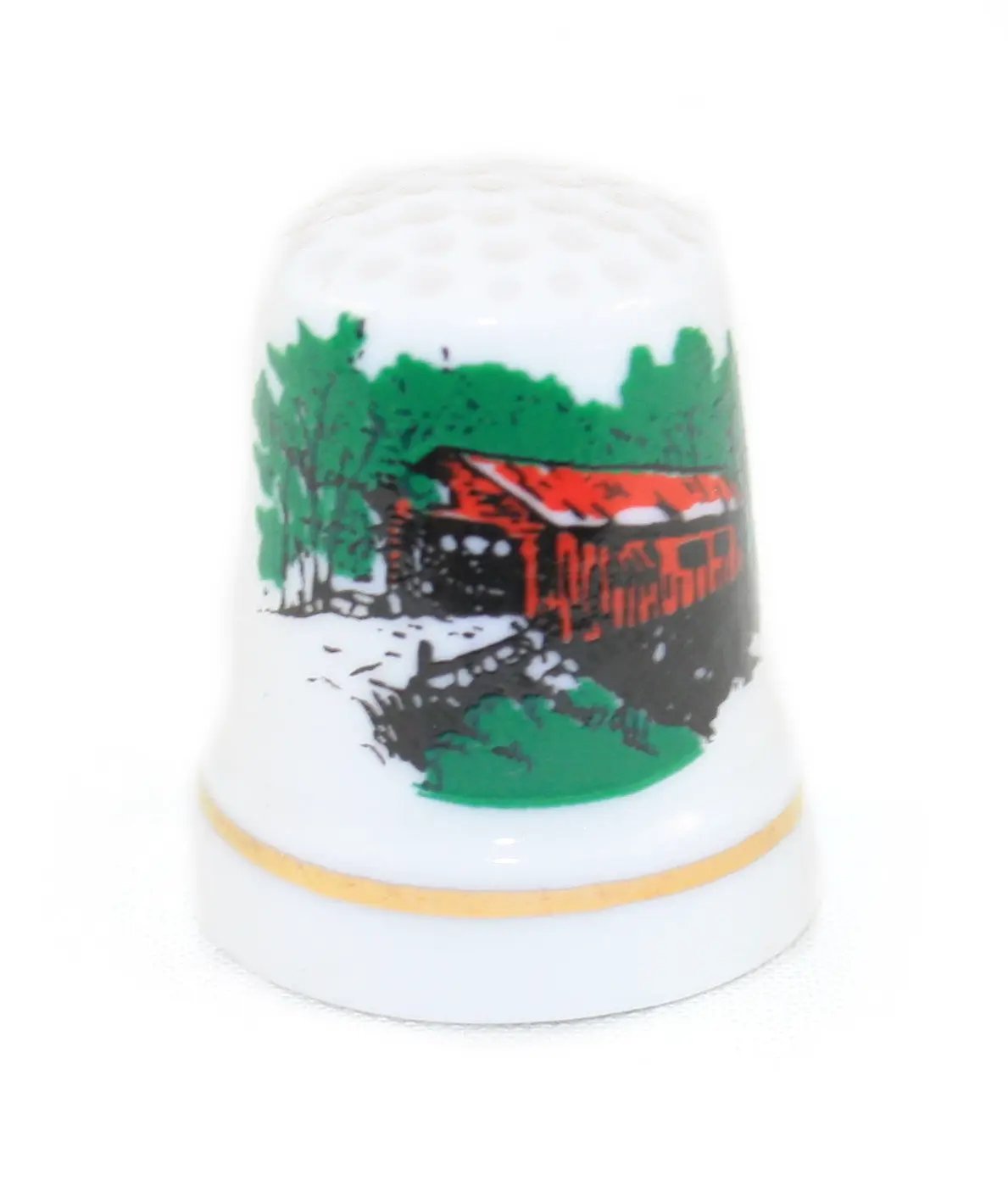 Vermont ceramic thimble with red covered bridge and green trees by The Country Christmas Loft on Tampa Home & Garden Store
