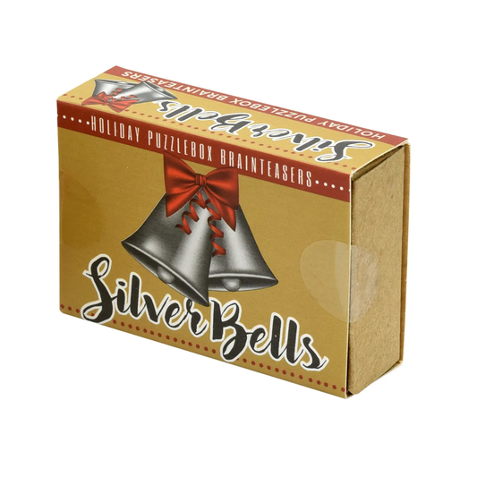Holiday Puzzlebox Brainteaser with Silver Bells in gold gift-box packaging on Tampa Home & Garden Store