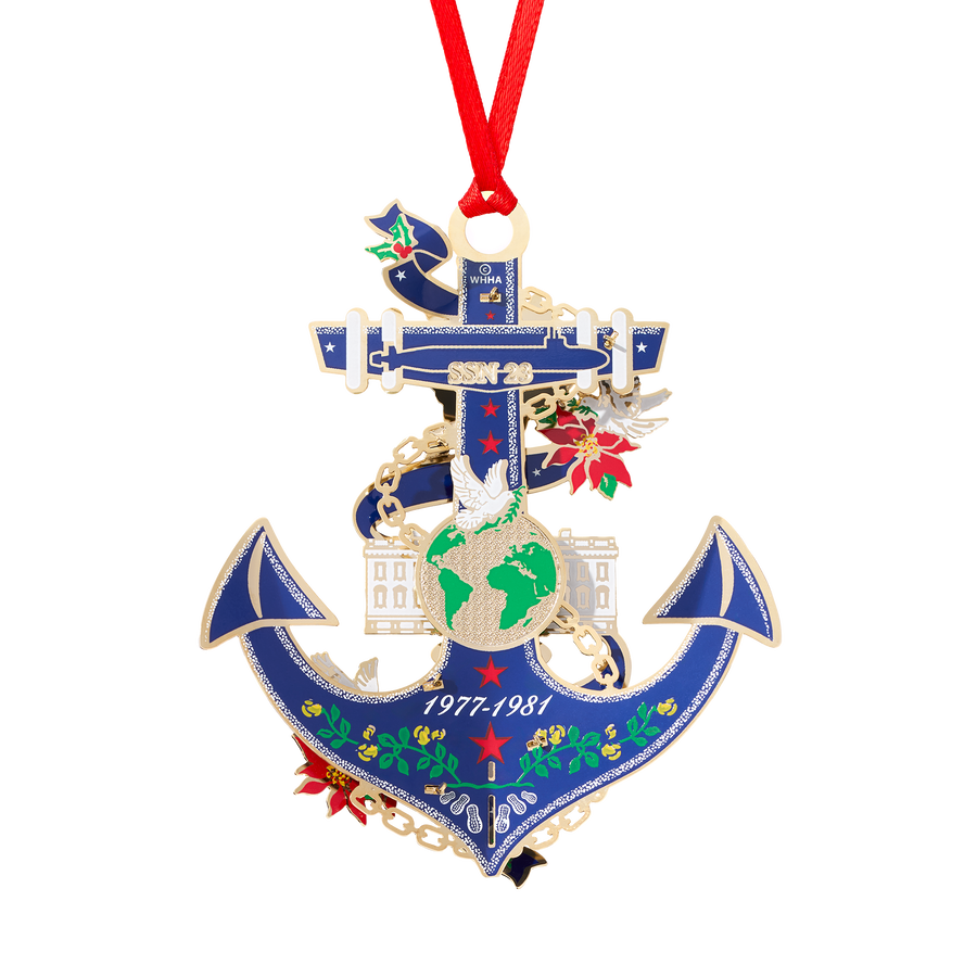 Official 2024 White House Ornament Jimmy Carter metal blue enamel anchor globe motif on Tampa Home & Garden Store