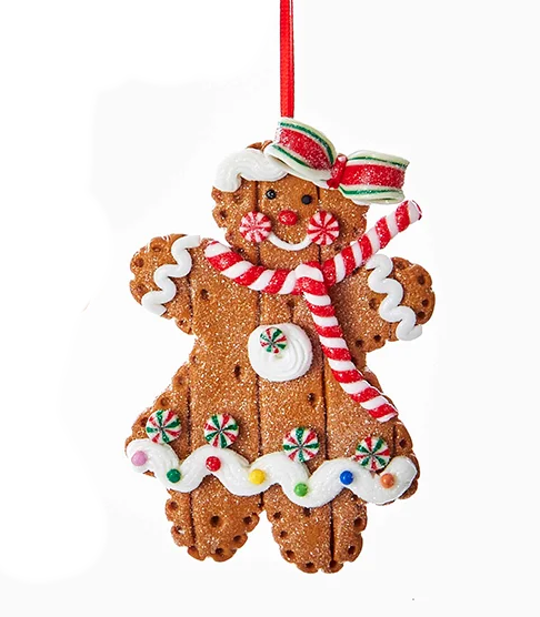 Gingerbread ornament with peppermint bows, red & white striped scarf and candy accents on Tampa Home & Garden Store