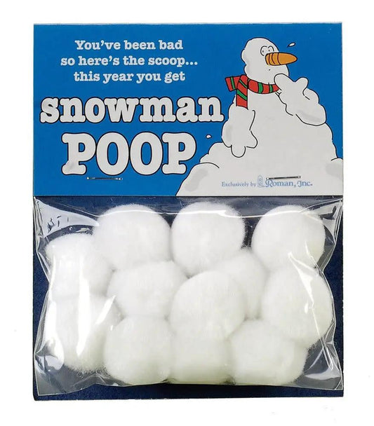Snowman Poop gag gift white plush pom-pom balls in blue packaging by The Country Christmas Loft on Tampa Home & Garden Store