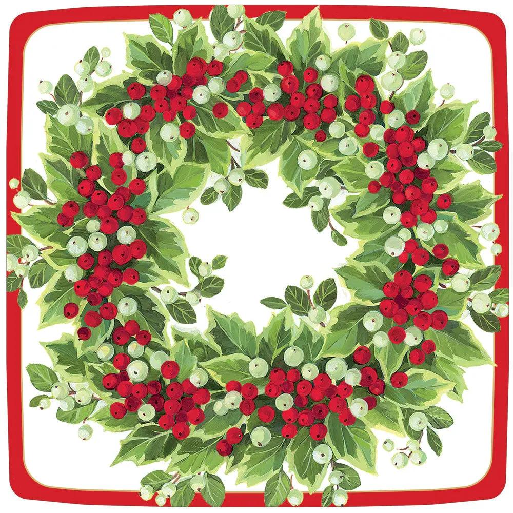 Holly and Berry Wreath paper dinner plate with green holly leaves and red berries on Tampa Home & Garden Store