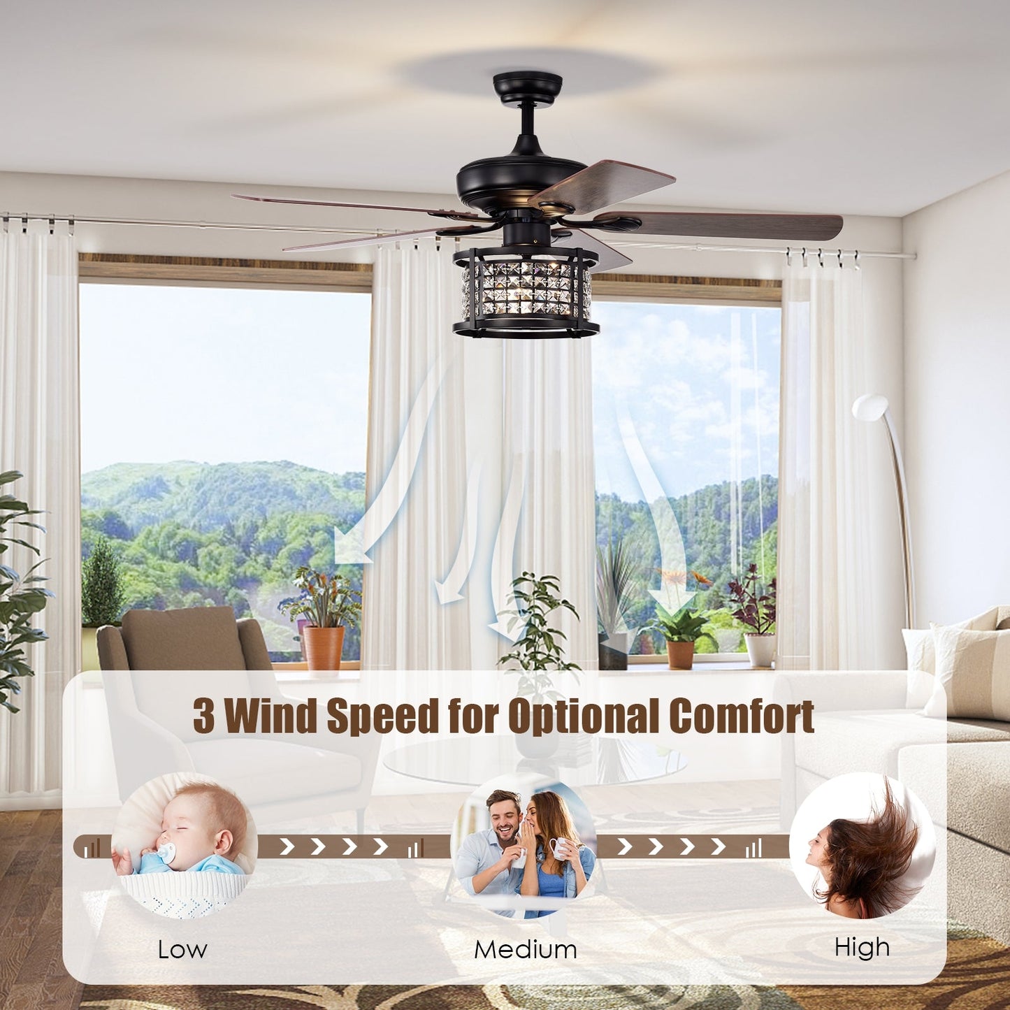 52 Inch crystal ceiling fan light with remote, black finish, 3-speed control on Tampa Home & Garden Store