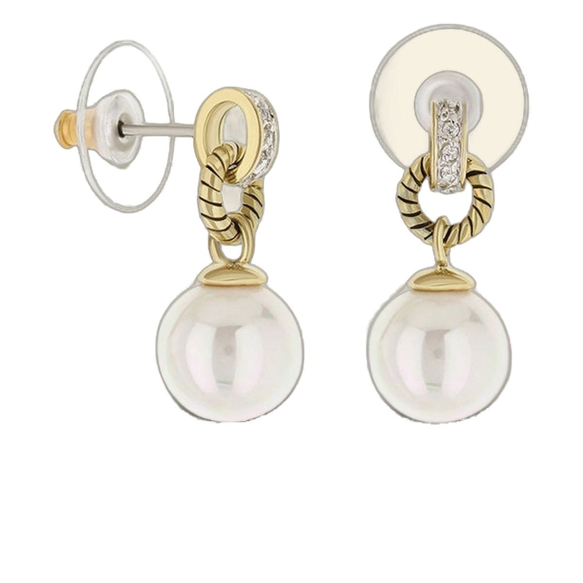 Vintage 925 Pearl Earrings pair; gold-tone rope hoops with crystal accents and pearl drops on Tampa Home & Garden Store